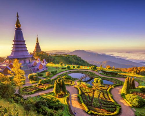 Landscape of two pagoda (noppha methanidon-noppha phon phum siri stupa) in an Inthanon mountain, chiang mai, Thailand
